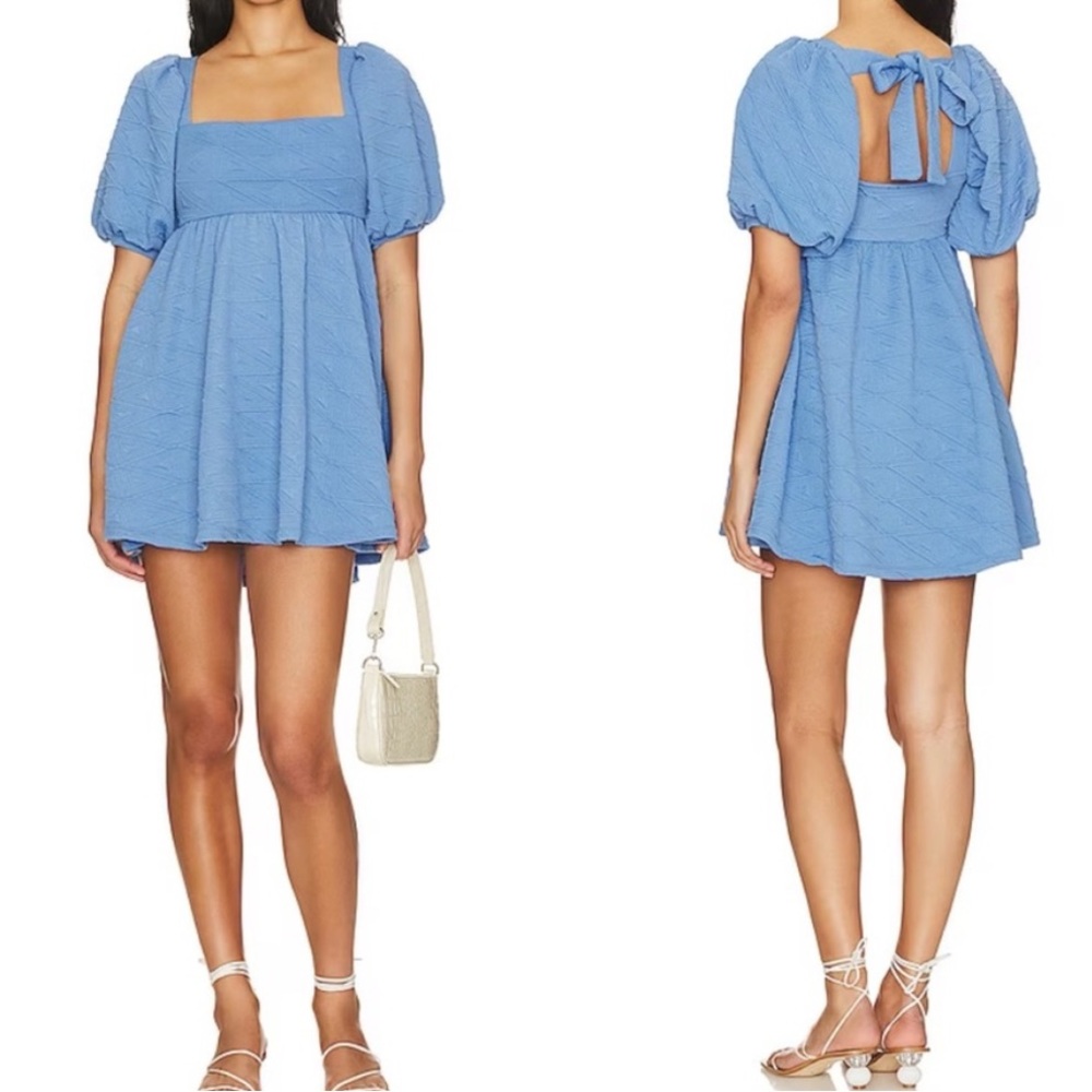 Free People Puff Sleeve Textured Mini Dress in December Sky NWT
